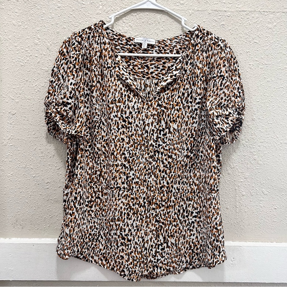 Maison d'Amelie Brown and Black Printed V-Neck Blouse Large